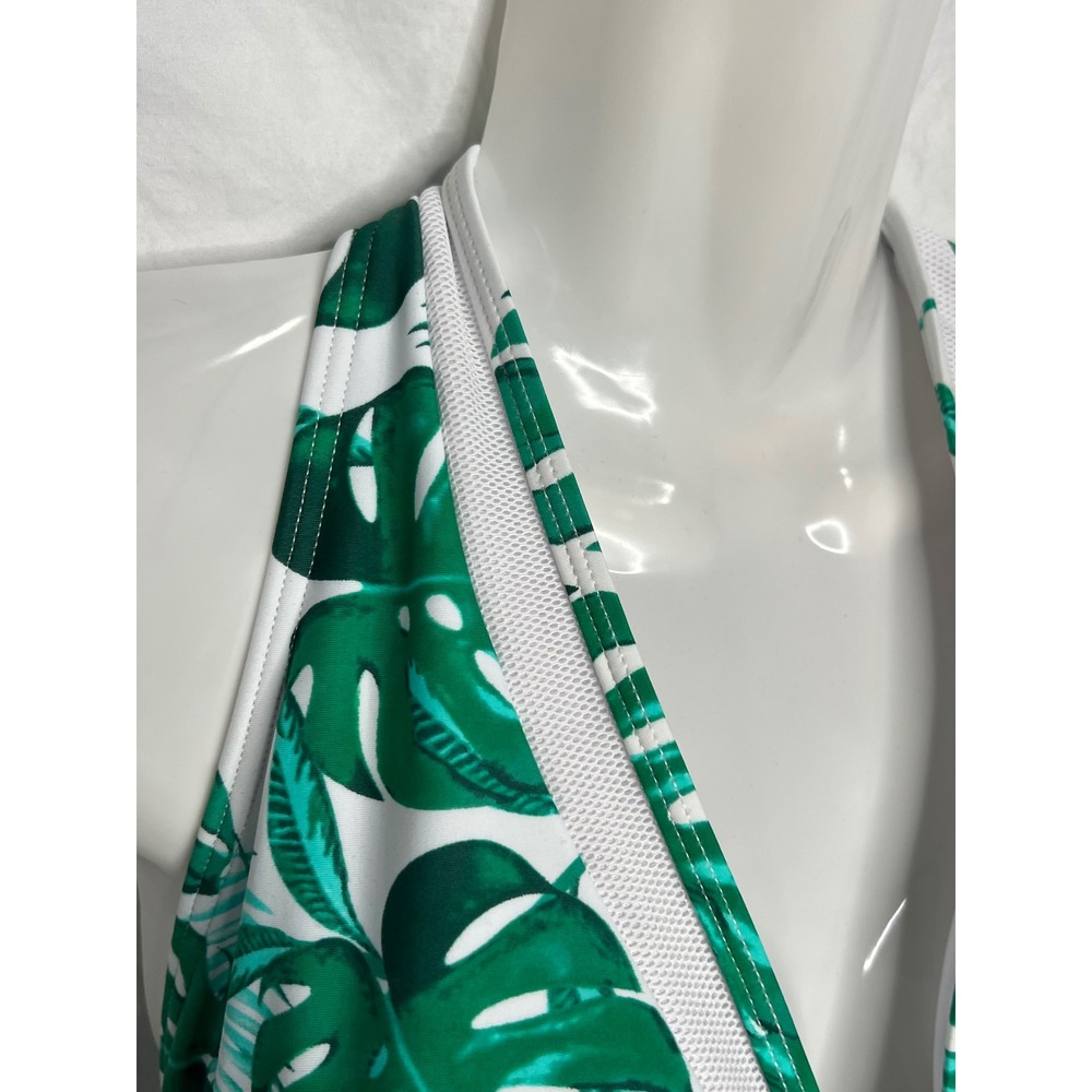 NWT Cocoship Green White Tropical Palm Print Halter Tassels Swimsuit Size 16 - Picture 2 of 10